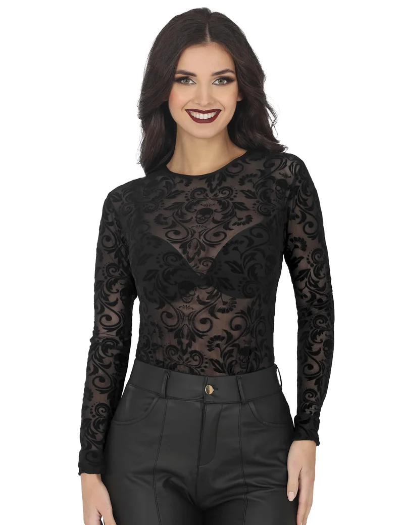 Schwarzer transparenter Body mit Totenkopf-Muster für Damen