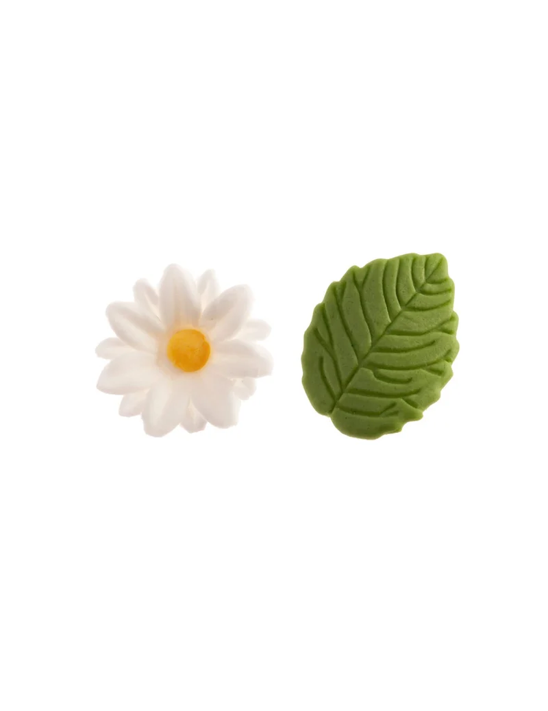 12 Zucker-Dekorationen Margeriten und grüne Blätter 3 cm
