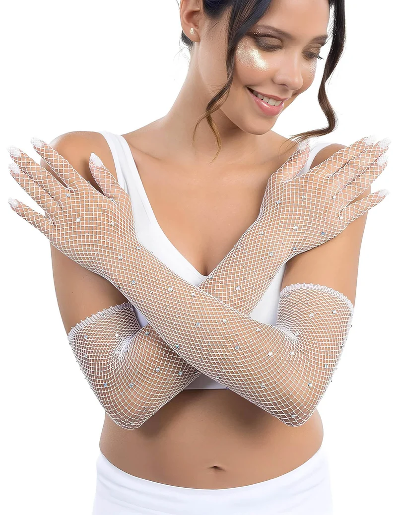Lange weiße Netzhandschuhe mit Strass für Erwachsene