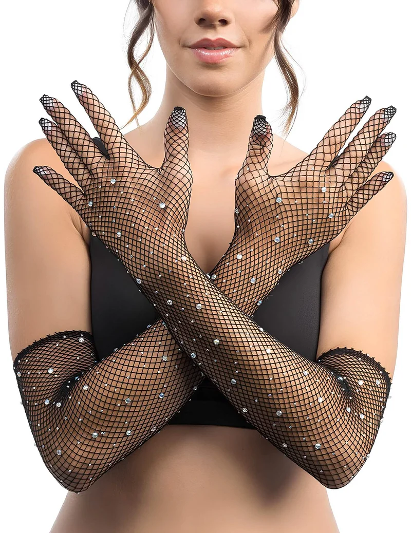 Lange schwarze Netz-Handschuhe mit Strass für Erwachsene
