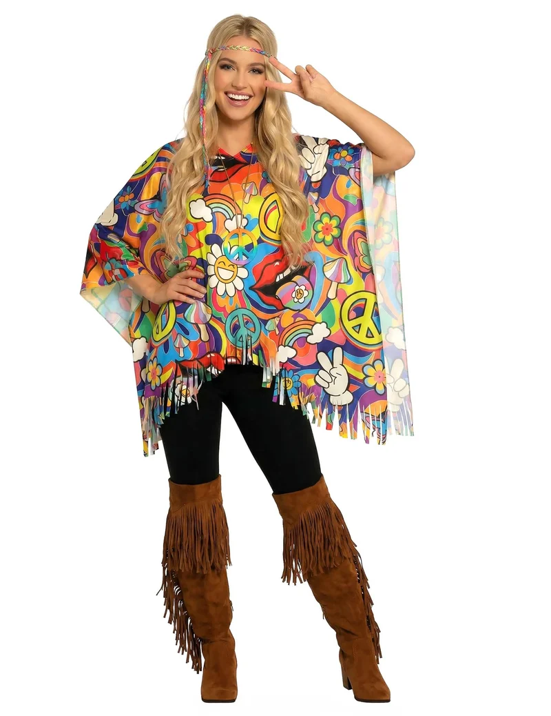 Bunter Hippie-Poncho für Erwachsene