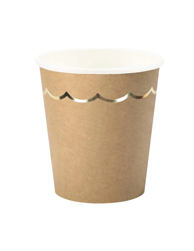 8 Pappbecher Kraftpapier mit Gold-Wellenrand 200ml