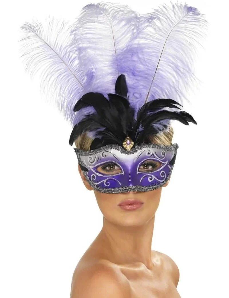 Venezianische Halbmaske mit langen Federn lila-schwarz-weiß