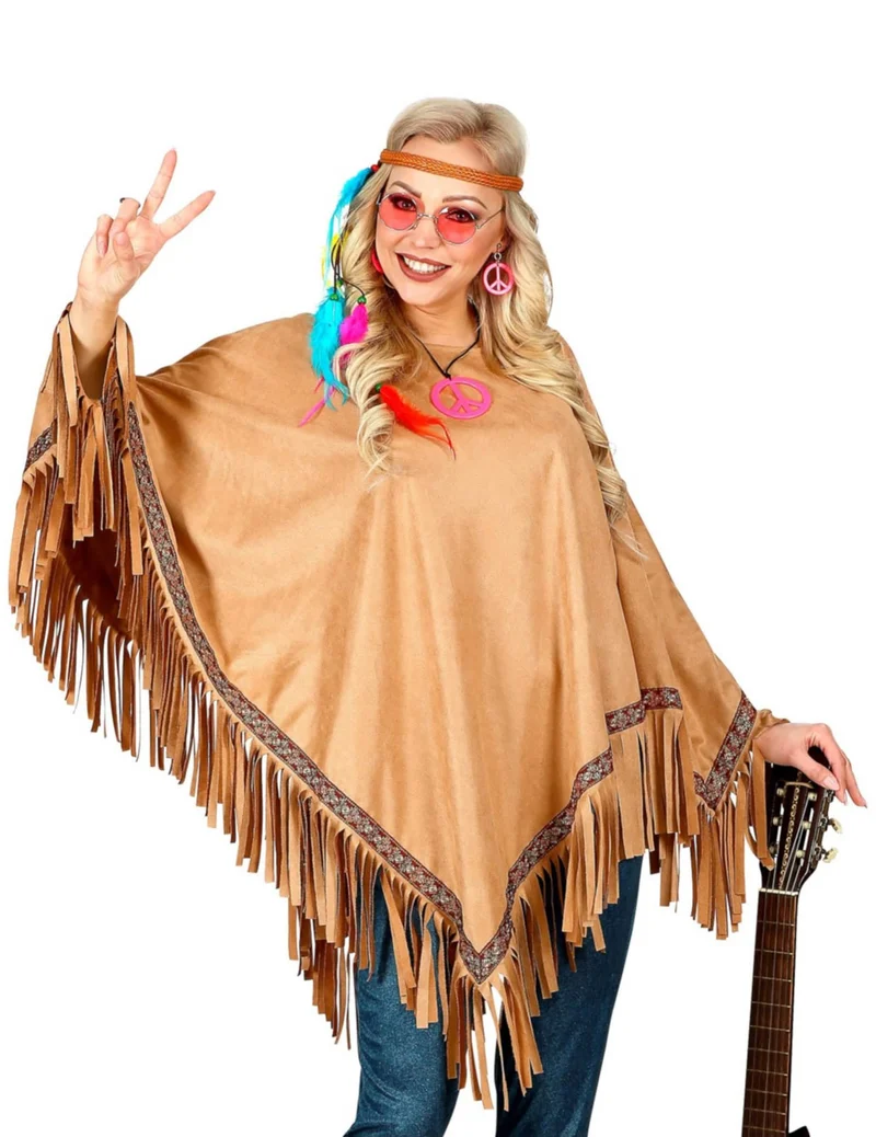 Hippie-Poncho für Damen Kostüm-Accessoire mit Fransen braun