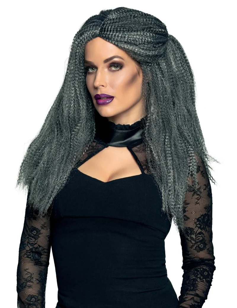 Voluminöse Hexen-Perücke für Damen Halloween-Accessoire dunkelgrau