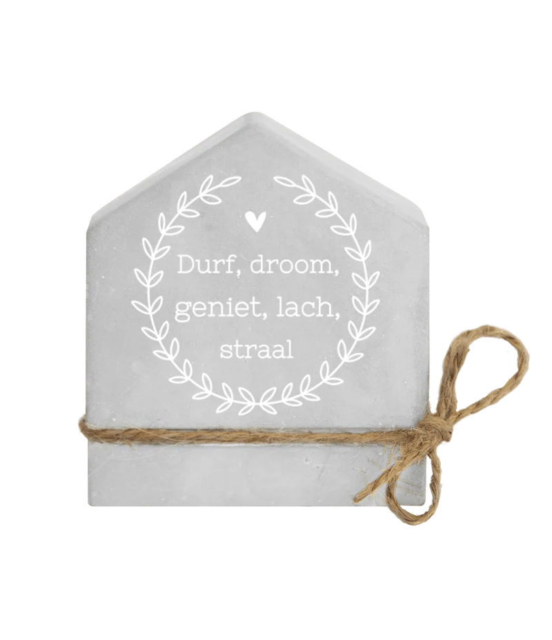 Graues Zementhaus Wage, träume, genieße, lache, Balken 8cm