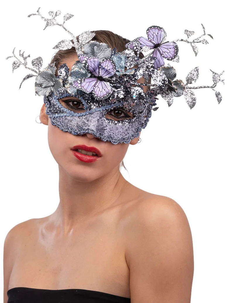 Venezianische Augenmaske mit Zweigen und Schmetterlingen violett-silberfarben
