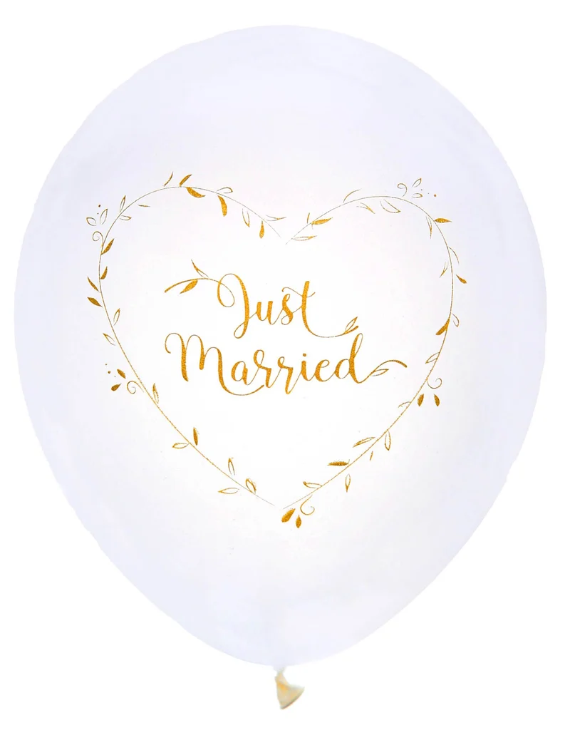 8 Latexballons Just Married Weiß und Gold 23 cm Pflanzenherz