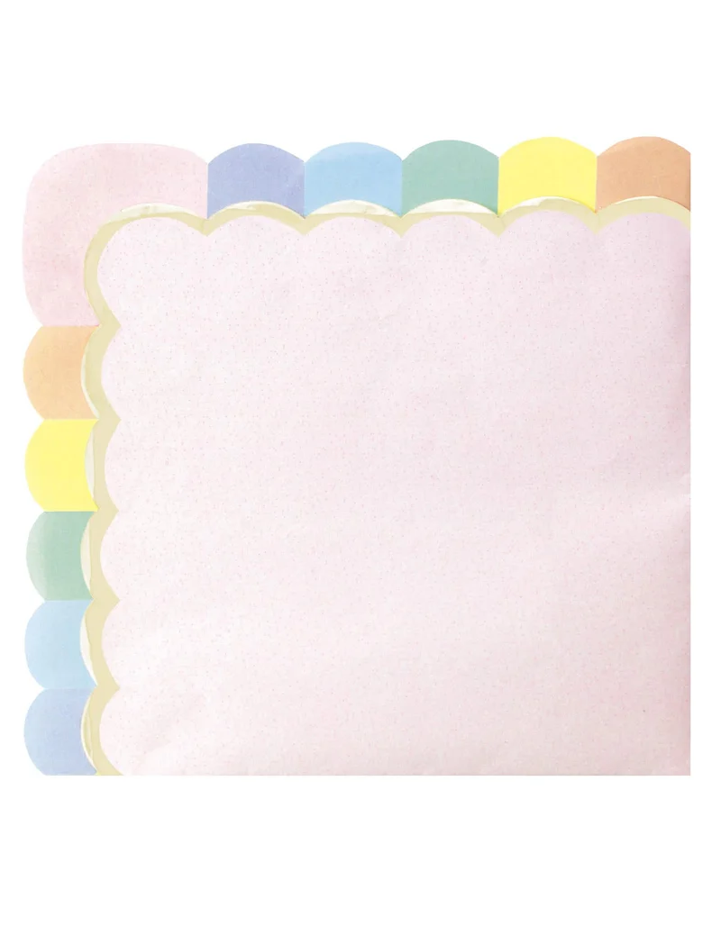 16 Pastellrosa Papierservietten, 33 x 33 cm, muschelförmig, mit Regenbogenrändern