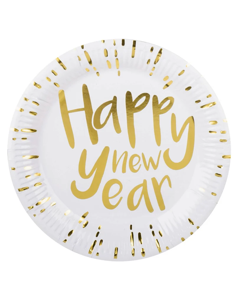 10 Happy New Year Pappteller weiß und gold 23 cm für Silvester