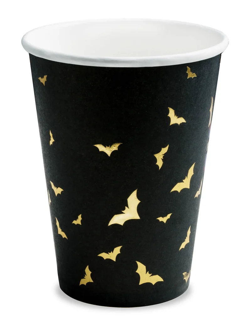 6 schwarze und goldene Fledermaus-Pappbecher 220 ml für Halloween