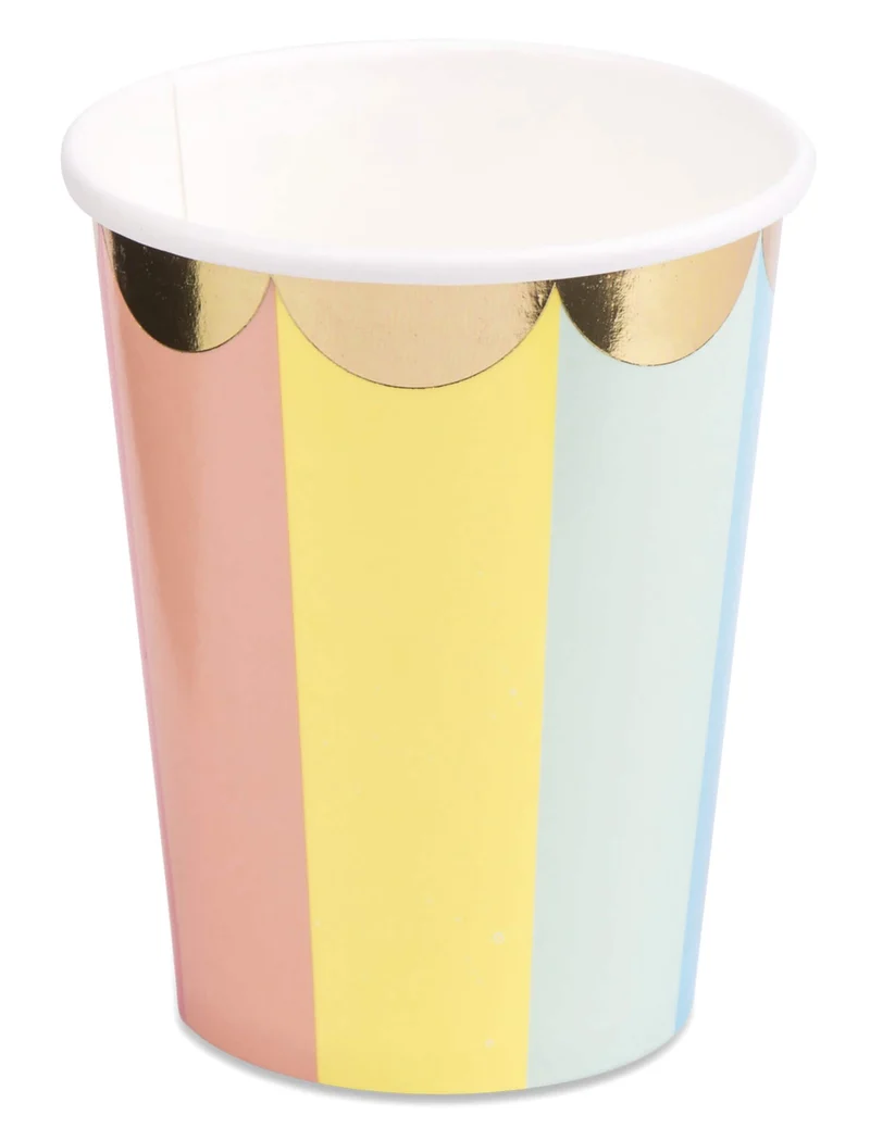 8 Pastell-Berlingot-Pappbecher mit Goldverzierung 200 ml, gewellt