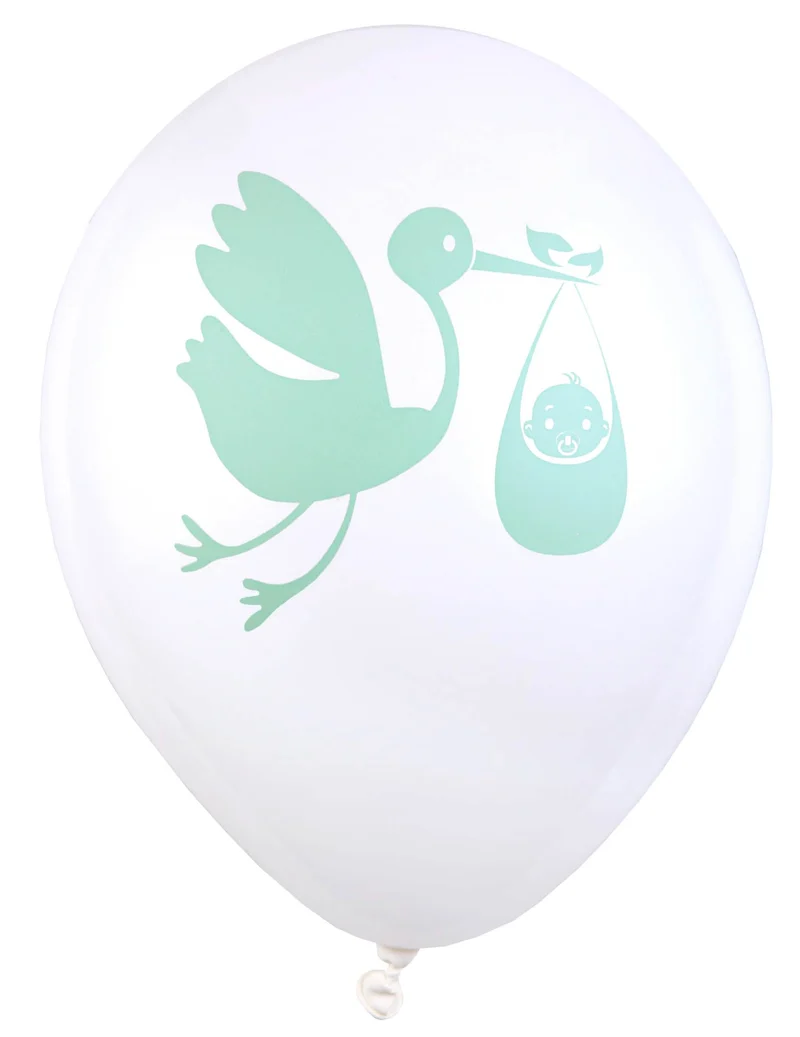 8 grüne Latexballons für Babyparty 23 cm mit Storchmotiv