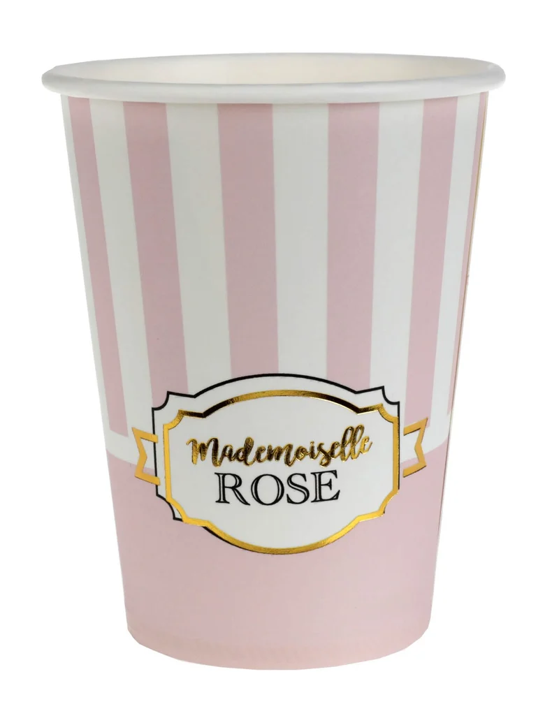 10 gestreifte rosa Babyparty Pappbecher 200 ml Mademoiselle Rose