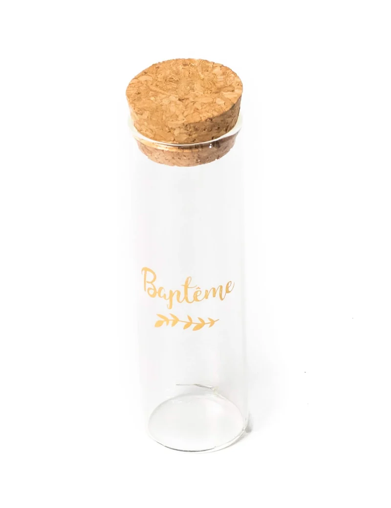 Reagenzglas aus Glas für Taufe 3 x 10 cm mit goldenem Lorbeer