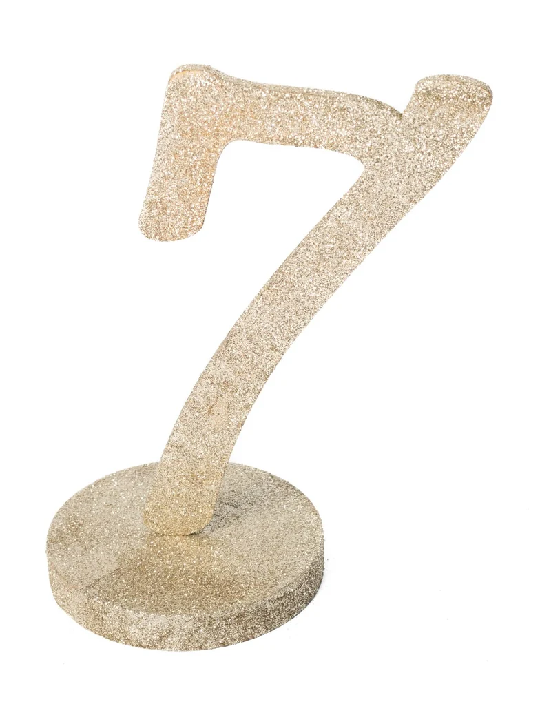 Tischdekoration Zahl 7 Holz Champagner-Glitzer 20 cm mit Sockel