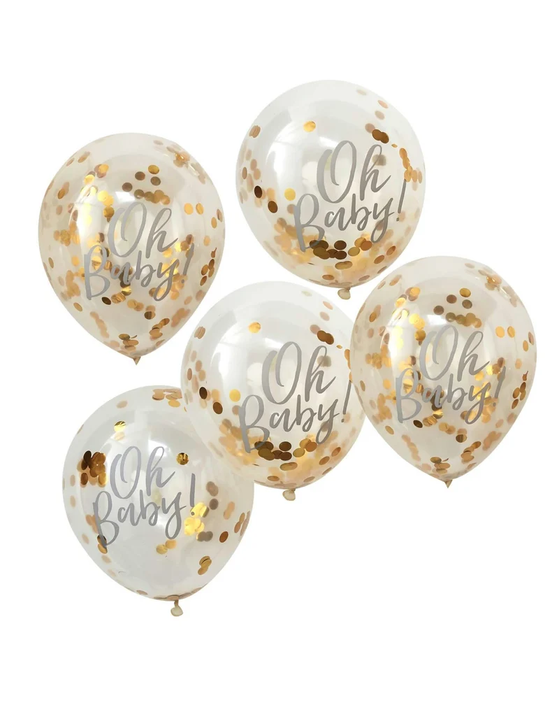 5 transparente 'Oh Baby' Latexballons mit metallisch goldenen Konfetti, 30 cm