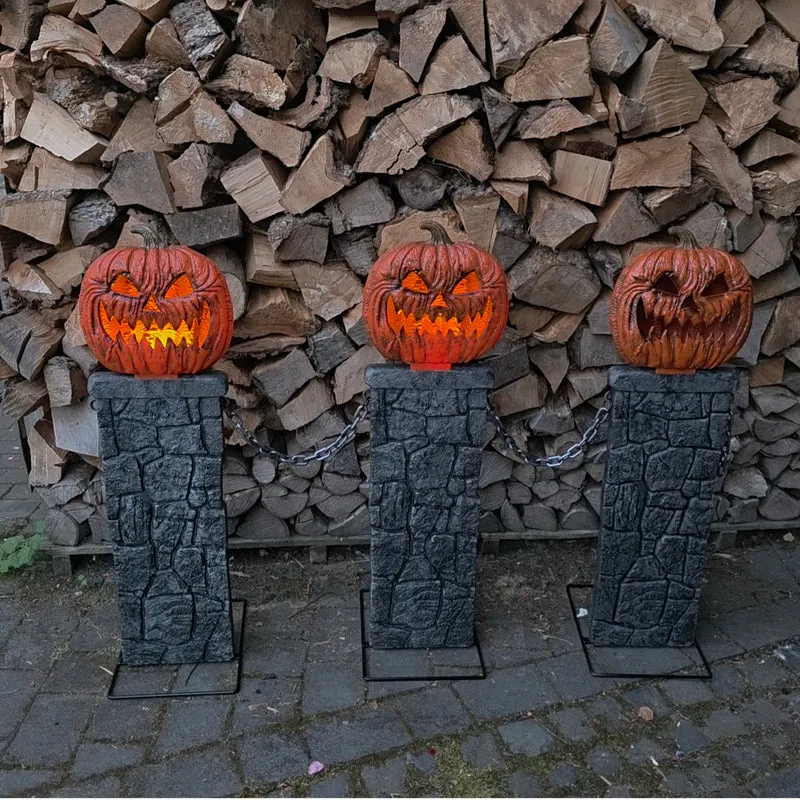 Kürbis Zaun Halloween 160 cm – 3 Kürbisse mit flackerndem Licht