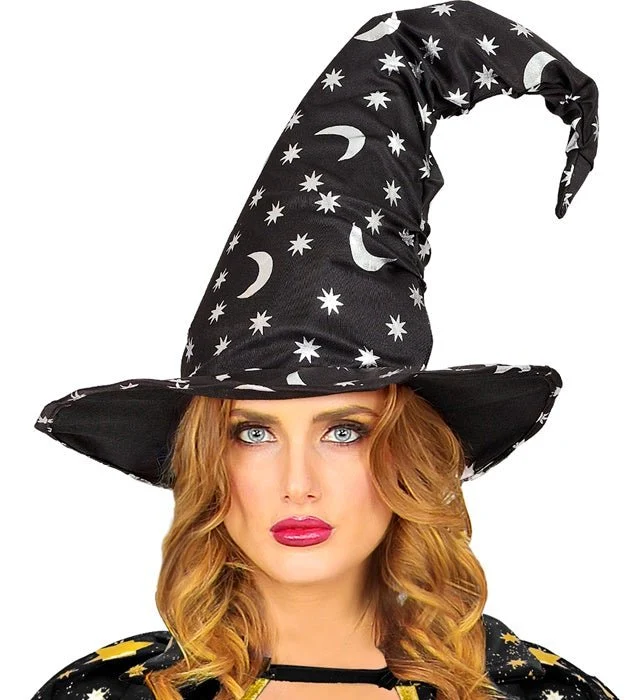 Halloween-Hexenhut – Schwarz, Mond und Sterne