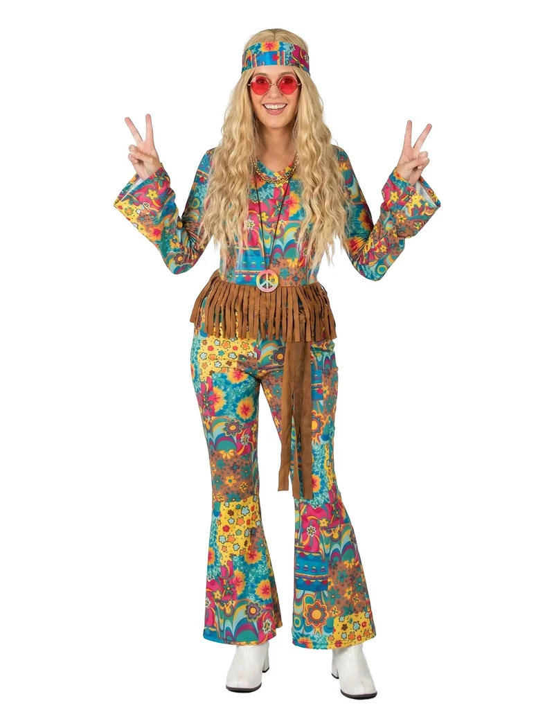 Damen-Hippiekostüm mit Haarband bunt