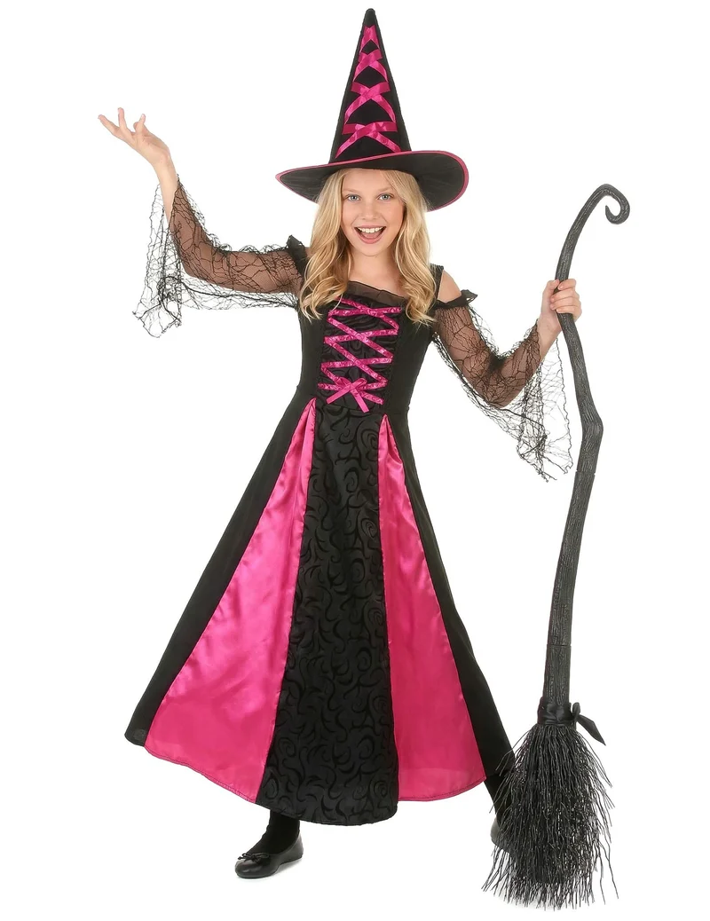 Hexen-Mädchenkostüm für Halloween schwarz-pink
