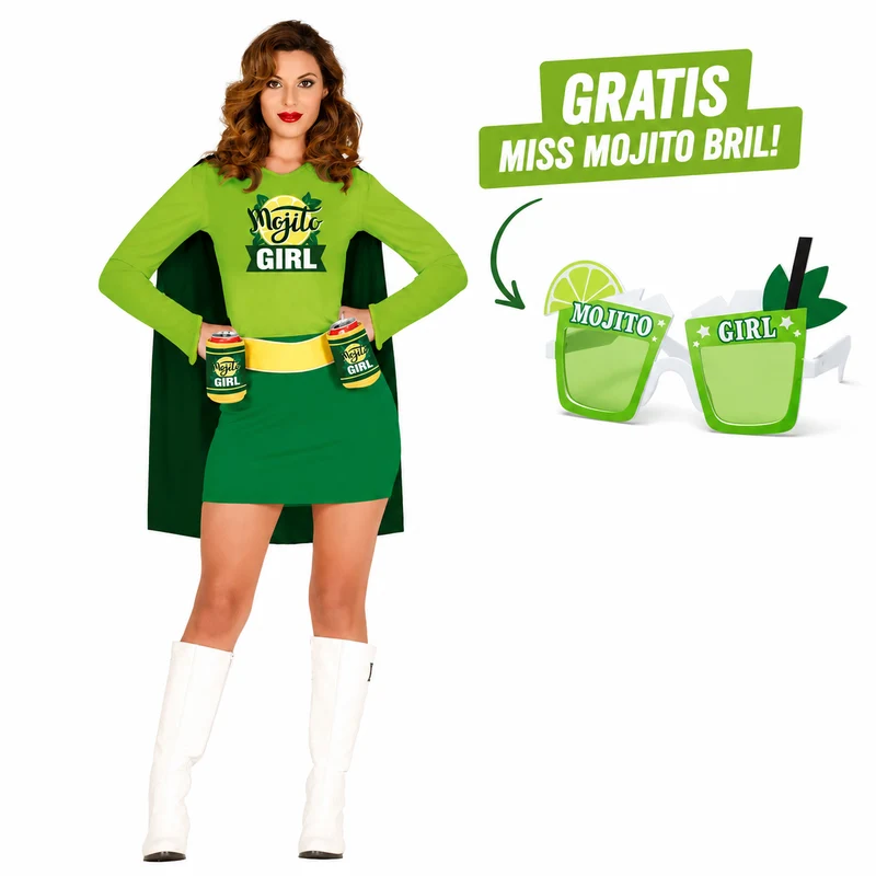 Miss Mojito Kostuum Dames + GRATIS Miss Mojito Bril | Cocktail Kostuum Carnaval & Themafeest