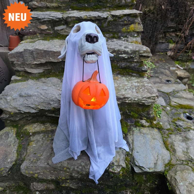 Geisterhund „Busco“ mit Kürbis-Laterne – 57 cm Halloween Deko
