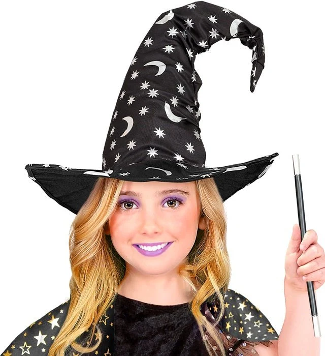 Halloween-Hexenhut – Schwarz, Mond und Sterne