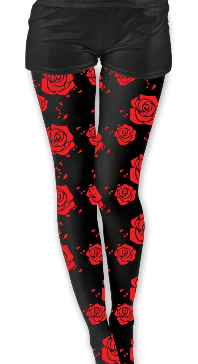 Rote und schwarze Strumpfhose für Damen mit Rosenmuster