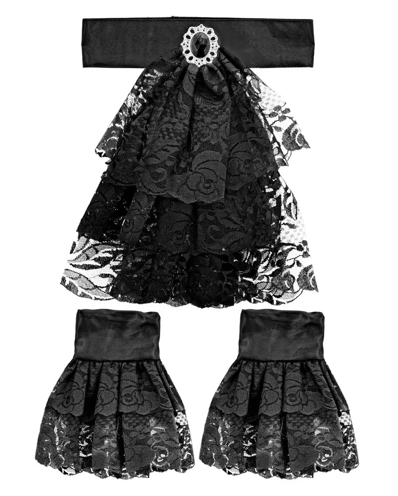 Schwarzer Spitzen Jabot mit Edelstein & Manschetten