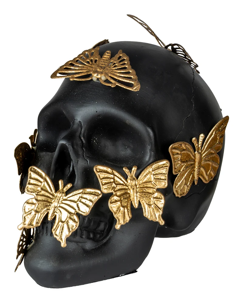Schwarzer Totenkopf mit goldenen Schmetterlingen 15,5cm