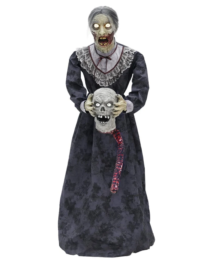 Zombie Oma mit geköpftem Zombie Opa Halloween Animatronic 152cm