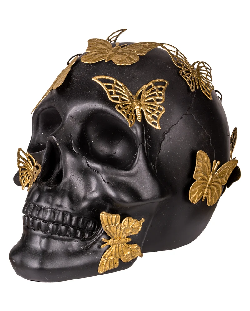 Schwarzer Totenschädel mit goldenen Schmetterlingen 19cm