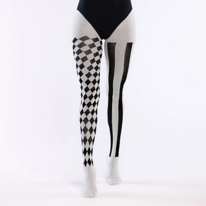Halloween Strumpfhose Schwarz Weiß Jester