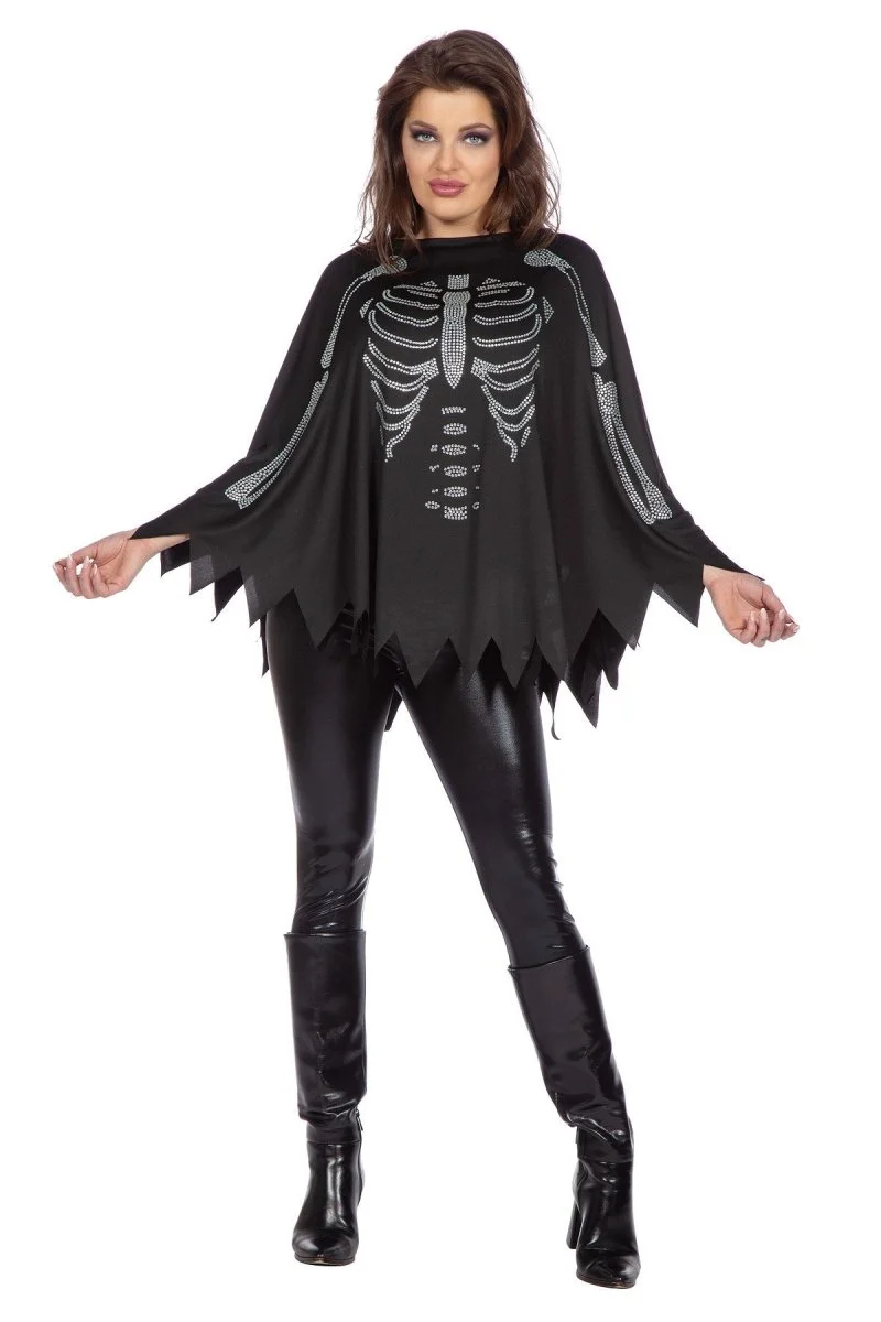 Skelett Poncho Schwarz Silber Strass