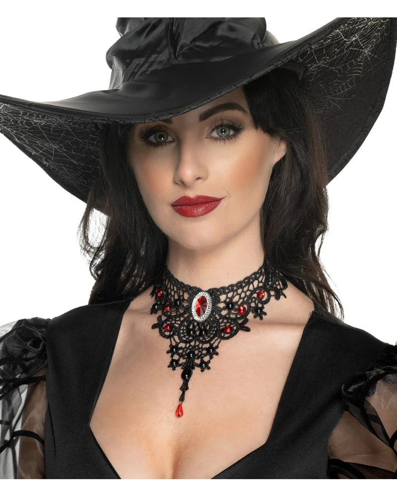 Gothic Halskette mit Spitze & roten Steinen