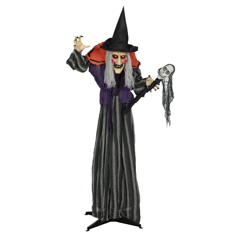 Animierte Halloween-Dekoration – Hexe mit Zepter, LED-Augen, Sound & Bewegung, 160