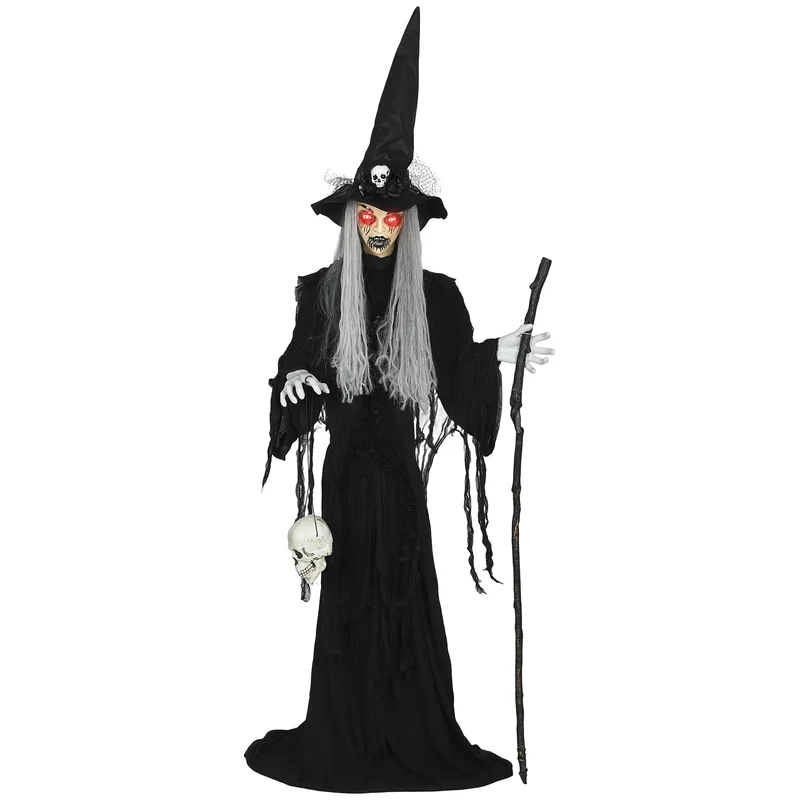 Animierte Halloween-Dekoration – Hexe mit Skull, LED-Augen, Sound & Bewegung, 170 cm