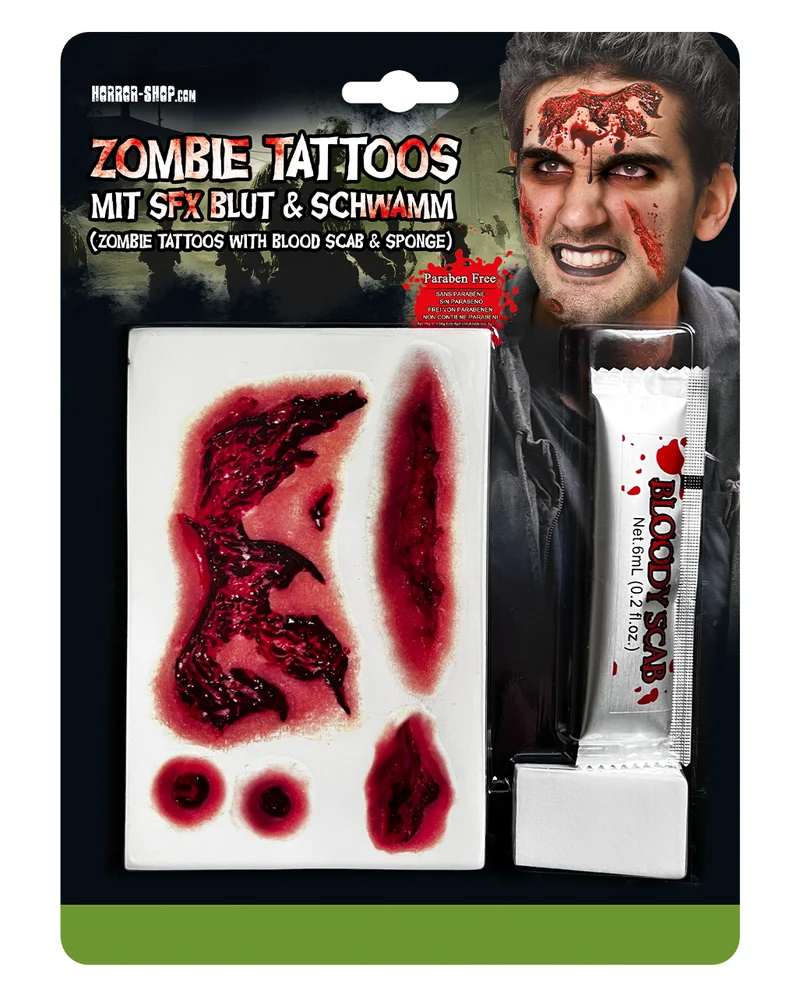 Zombie Tattoos mit Filmblut & Schwamm