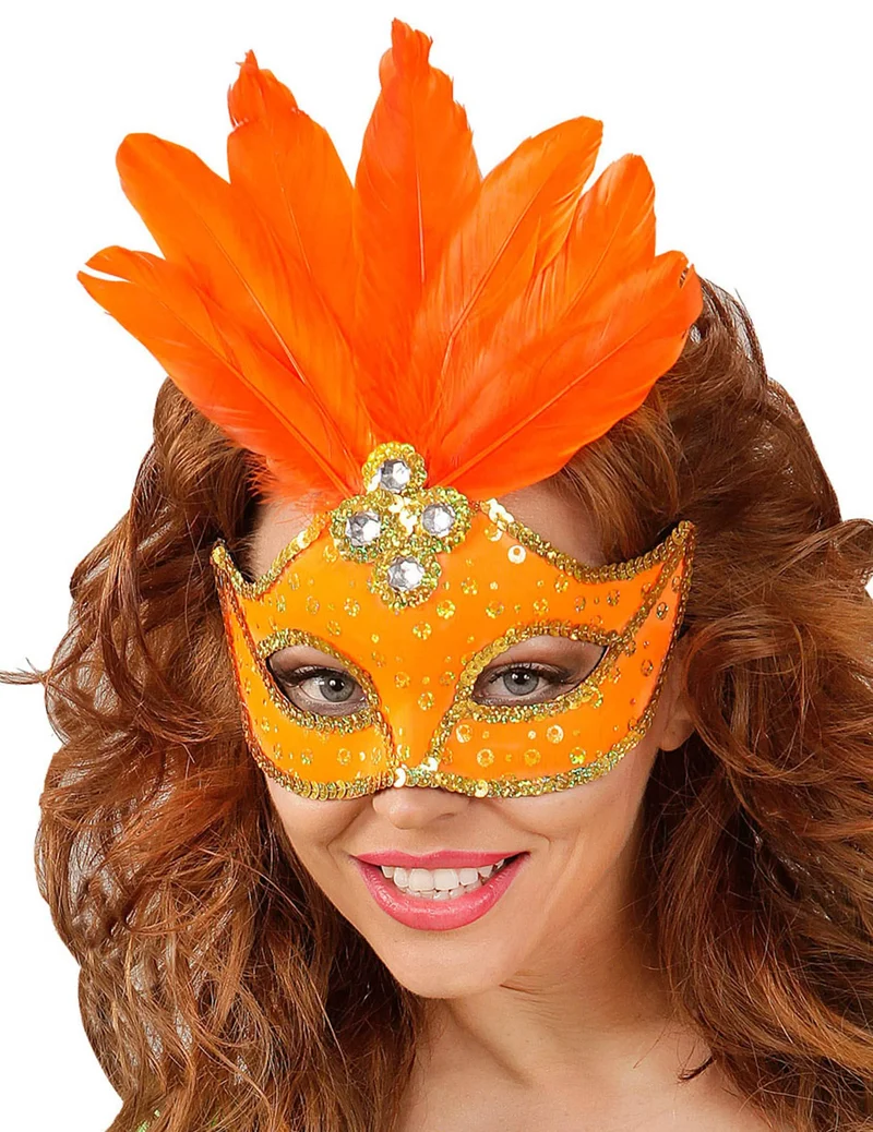 Orange Augenmaske mit Federn für Erwachsene