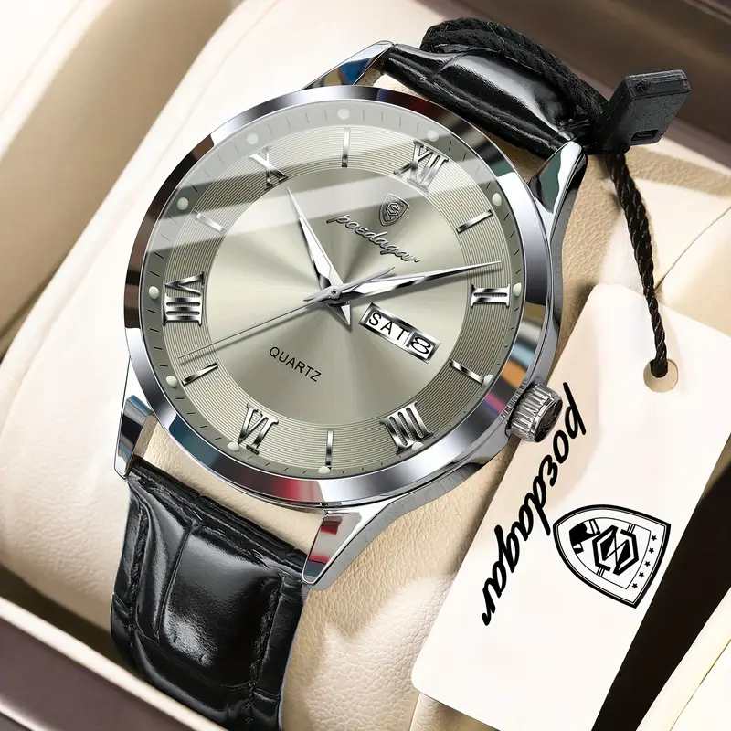 Herren Armbanduhr mit schwarzem Lederband. 4 Ausführungen.