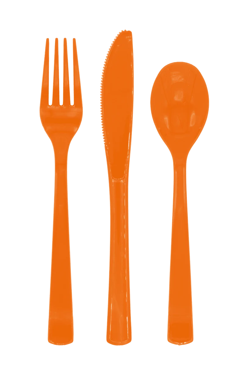 Orangefarbenes Besteck, wiederverwendbar, 18-teilig
