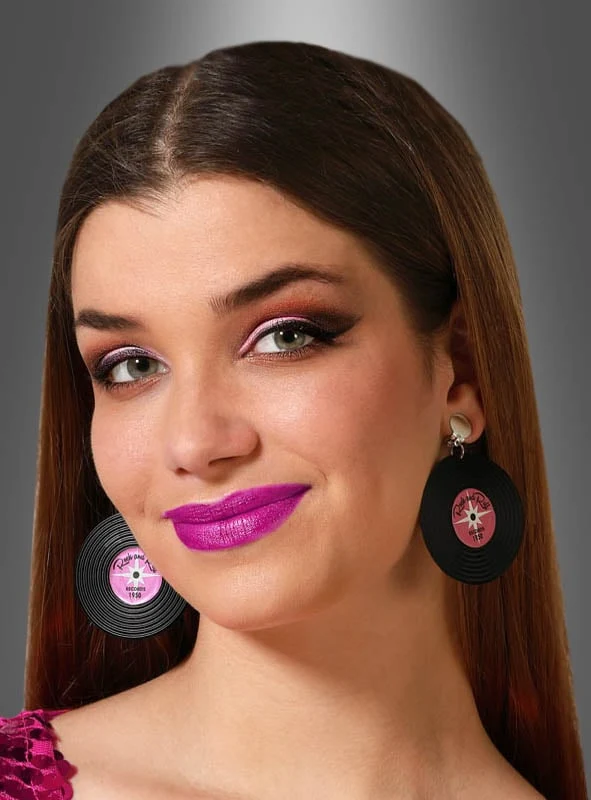 50er Ohrringe Schallplatte schwarz-pink Clips
