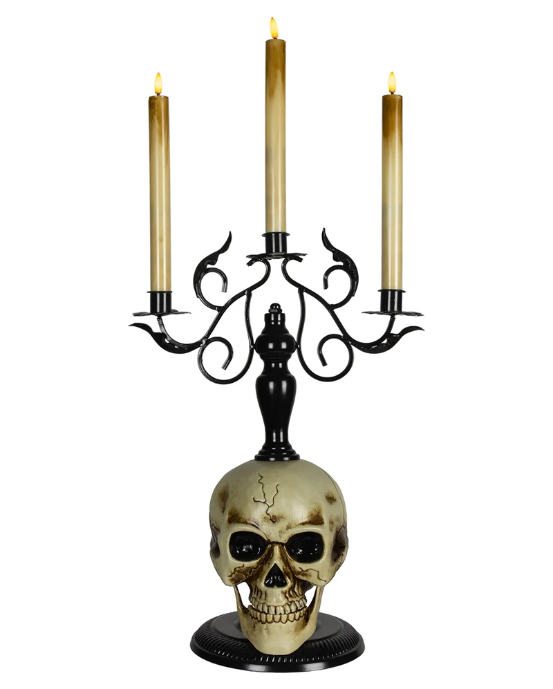 3-armiger Totenschädel Kerzenleuchter mit LED-Kerzen 66cm