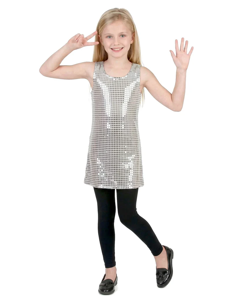 Disco Kostüm für Mädchen Pailletten silber