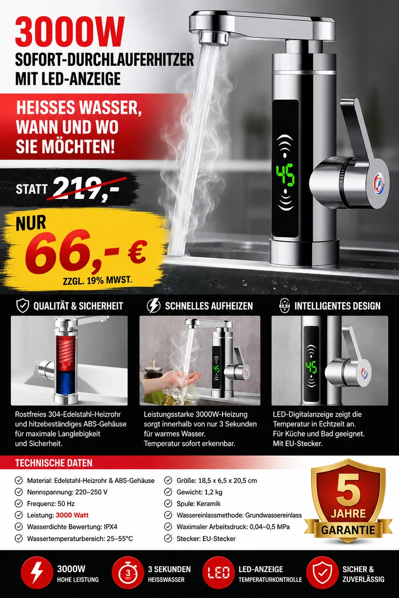 Wasserhahn Armatur mit Durchlauferhitzer mit LED-Anzeige. Komplette 3000W Armatur mit Stromanschluss.