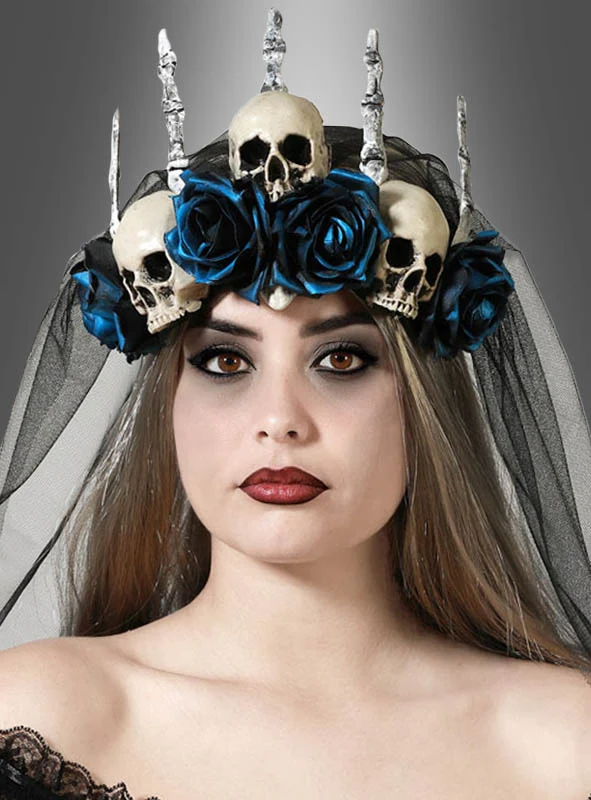 Halloween Krone mit Schleier und blauen Rosen