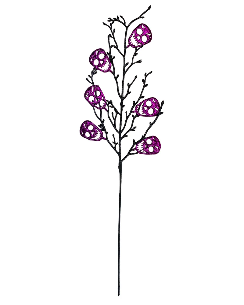 Schwarzer Zweig mit Lila glitzernden Totenschädeln 68cm