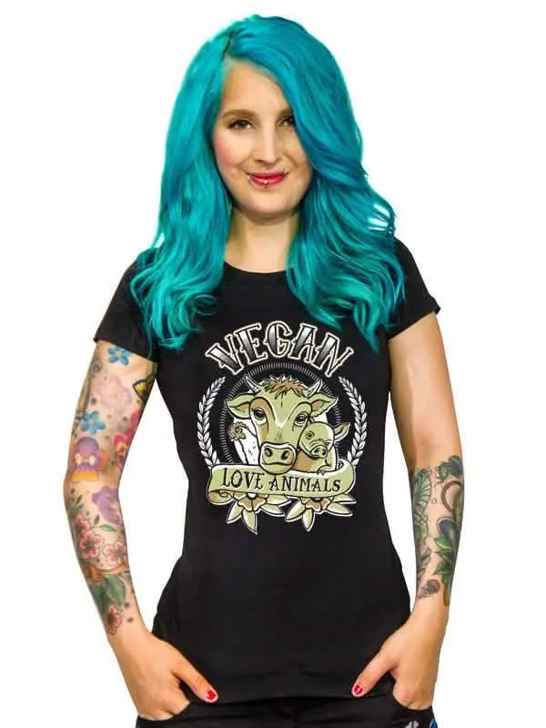 Vegan Girlie Shirt - Vegan Love Animals black-multicoloured