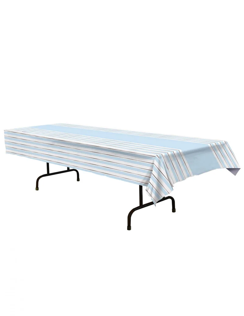 Plastik-Tischdecke blau-weiß gestreift 137 x 274 cm und silbern